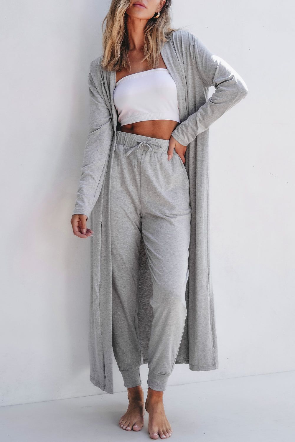 Light Grey Split Long Cardigan and Skinny Pants Lounge Set - Little Miss Vanilla