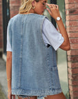 Full Size V-Neck Button Up Denim Vest - Little Miss Vanilla