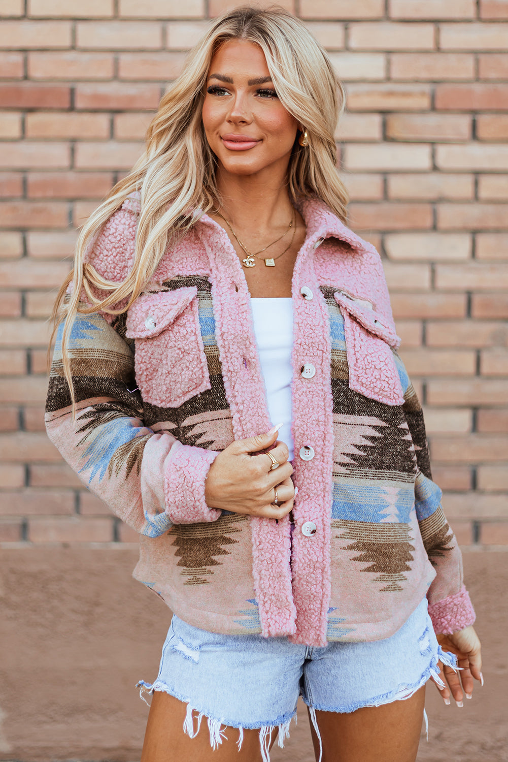 Pink Western Aztec Print Sherpa Splicing Buttoned Flap Pocket Coat - Little Miss Vanilla