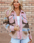 Pink Western Aztec Print Sherpa Splicing Buttoned Flap Pocket Coat - Little Miss Vanilla