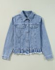 Beau Blue Ruffle Raw Hem Flap Pockets Denim Jacket