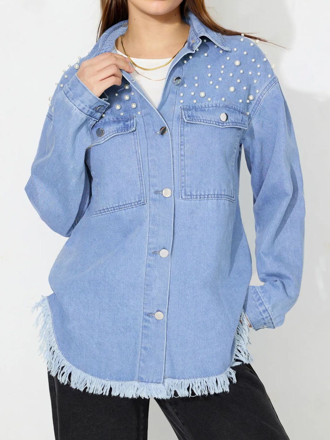 Raw Hem Pearl Trim Collared Neck Denim Top - Little Miss Vanilla