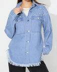 Raw Hem Pearl Trim Collared Neck Denim Top - Little Miss Vanilla