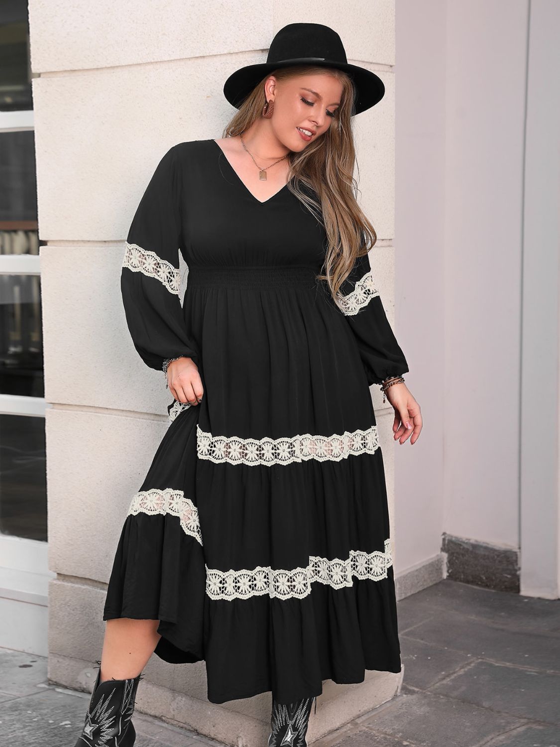 Plus Size Lace Detail V-Neck Long Sleeve Midi Dress - Little Miss Vanilla