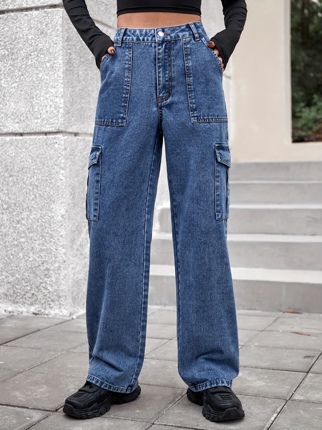 High Rise Straight Jeans with Cargo Pockets - Little Miss Vanilla