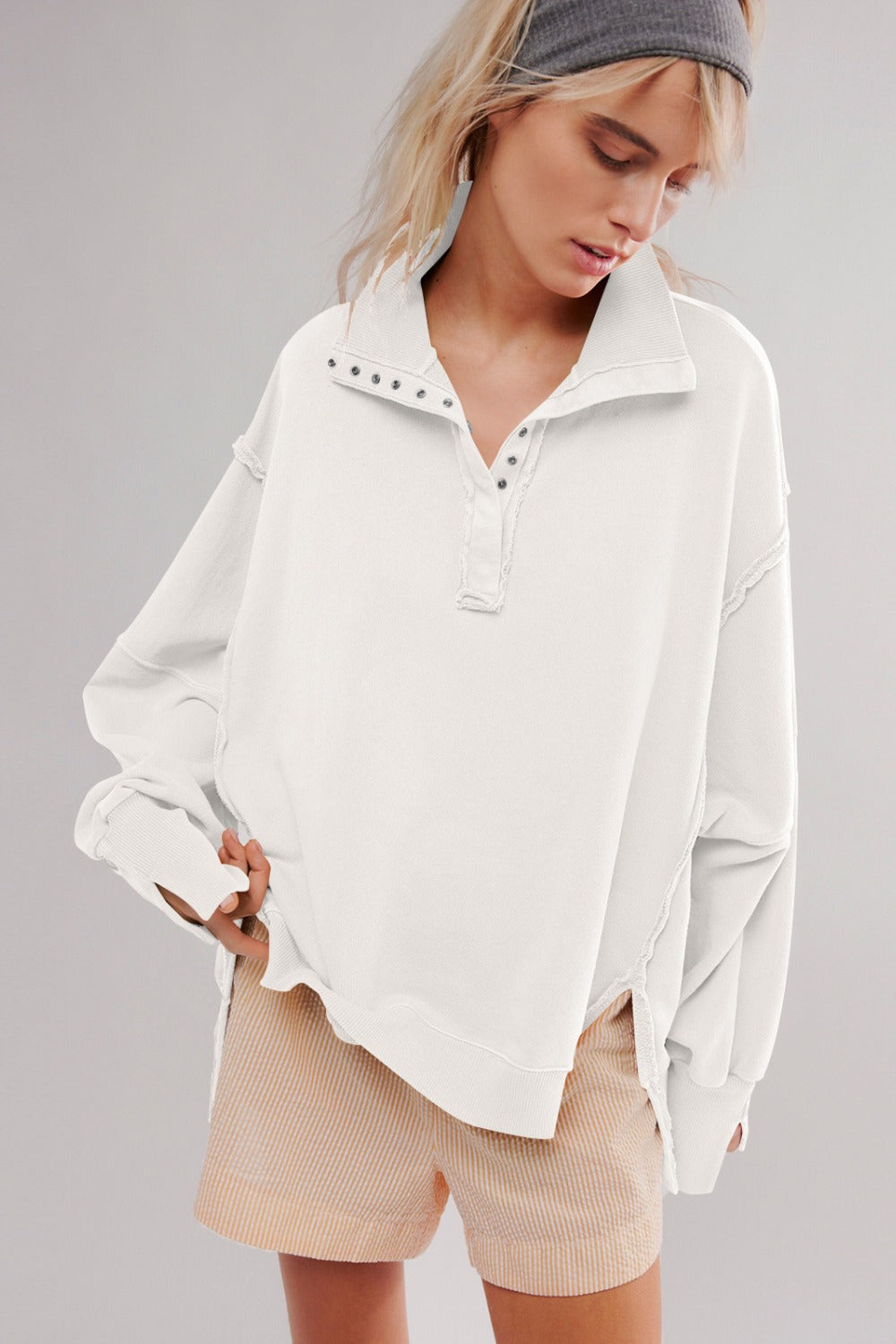 Exposed Seam Side Slit Long Sleeve Sweatshirt - Little Miss Vanilla