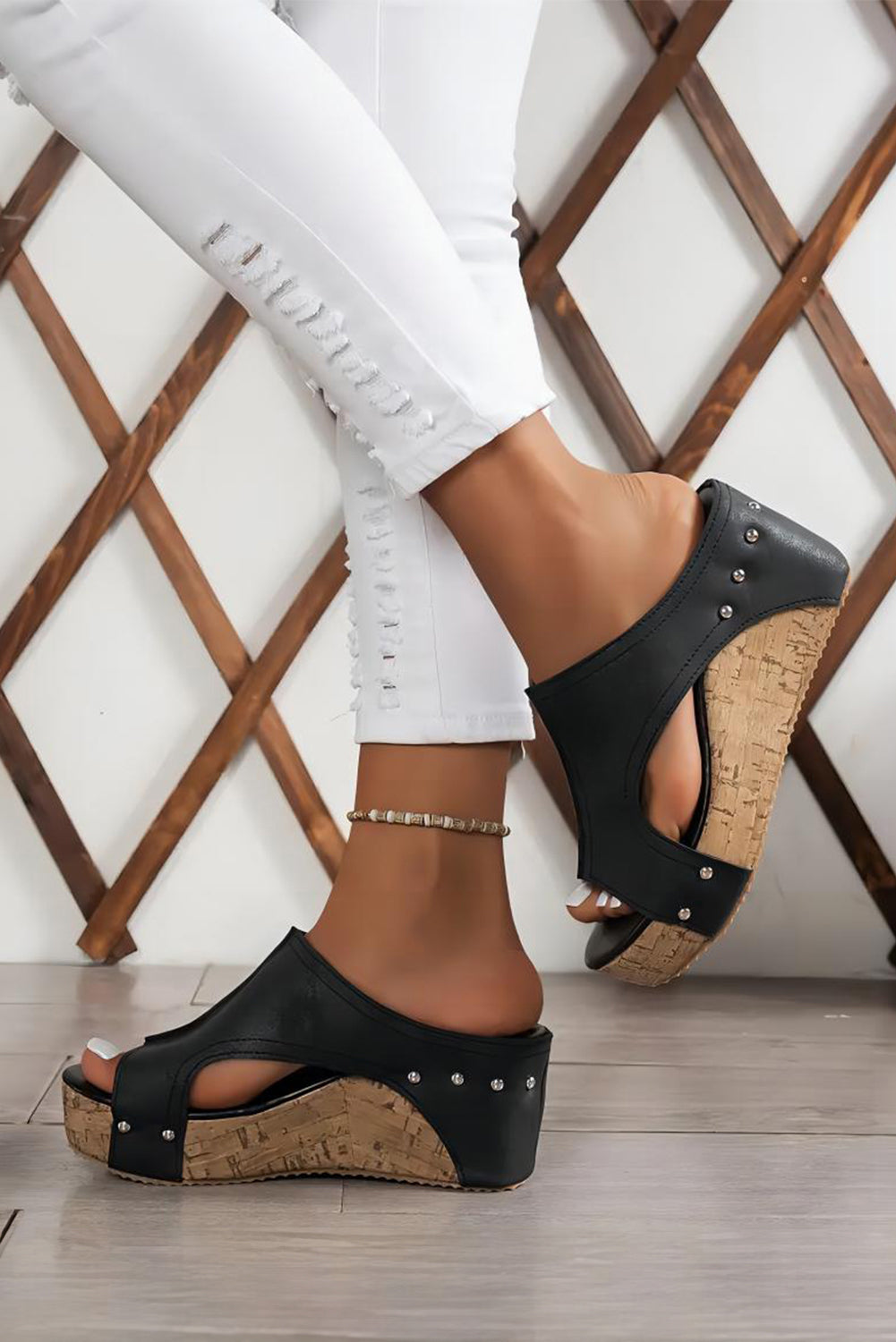 Black Hollow Out Studded PU Leather Wedge Slippers - Little Miss Vanilla