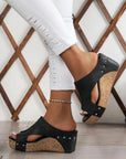 Black Hollow Out Studded PU Leather Wedge Slippers - Little Miss Vanilla