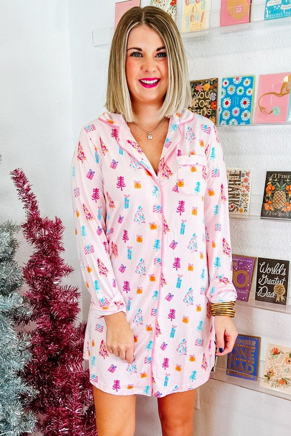 Pink Christmas Twinkle Tree Print Shirt Sleep Dress - Little Miss Vanilla