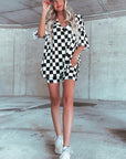 Black Checkerboard Print V Neck Loose Tee and Shorts Lounge Set - Little Miss Vanilla