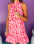 Pink Abstract Print Frilly Neck Sleeveless Mini Dress - Little Miss Vanilla