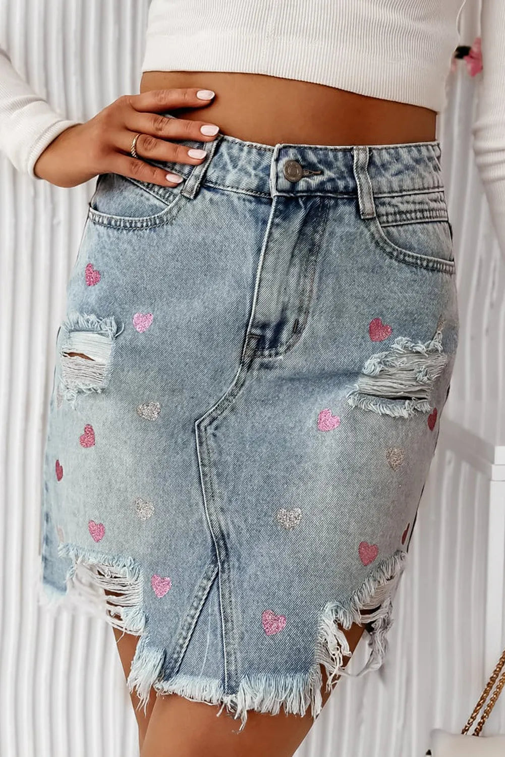 Distressed Raw Hem Heart Mini Denim Skirt - Little Miss Vanilla