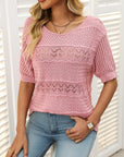 Mandy Openwork Round Neck Half Sleeve Knit Top - Little Miss Vanilla