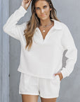 White Ribbed Zipper Sweatshirt and High Waist Shorts Set - Little Miss Vanilla