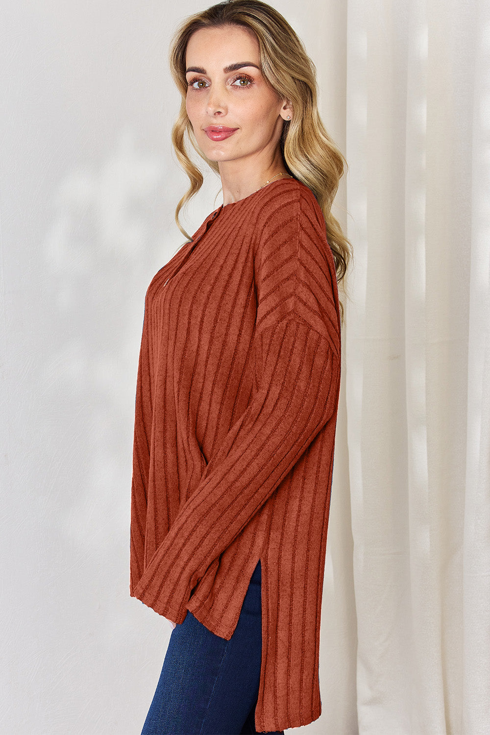 Basic Bae Full Size Ribbed Half Button Long Sleeve High-Low T-Shirt - Little Miss Vanilla