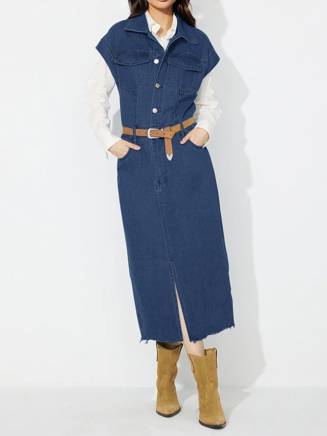 Slit Half Button Collared Neck Cap Sleeve Denim Dress - Little Miss Vanilla