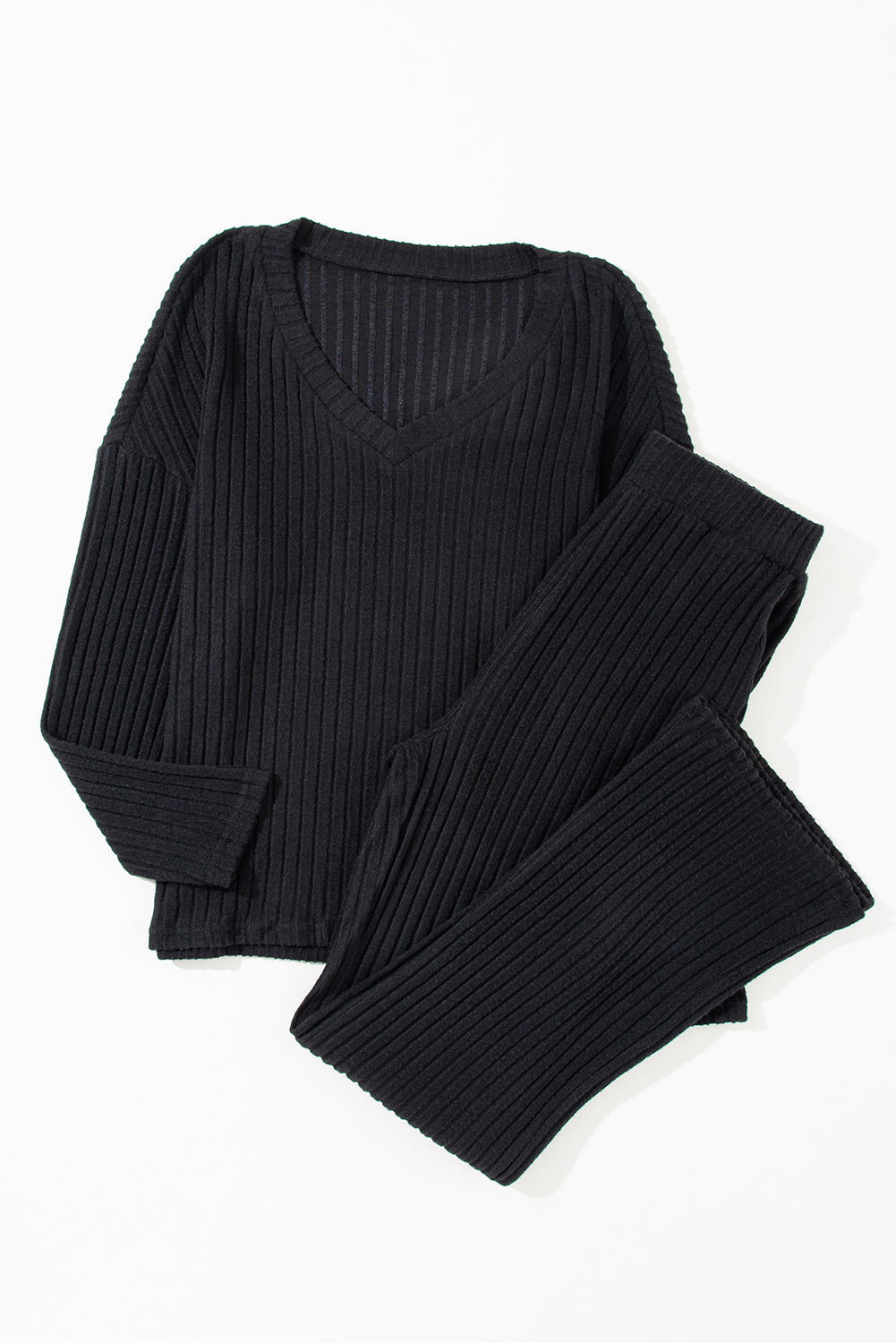 Black Ribbed Knit V Neck Slouchy Two-piece Outfit - Little Miss Vanilla