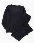 Black Ribbed Knit V Neck Slouchy Two-piece Outfit - Little Miss Vanilla