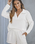 White Ribbed Zipper Sweatshirt and High Waist Shorts Set - Little Miss Vanilla