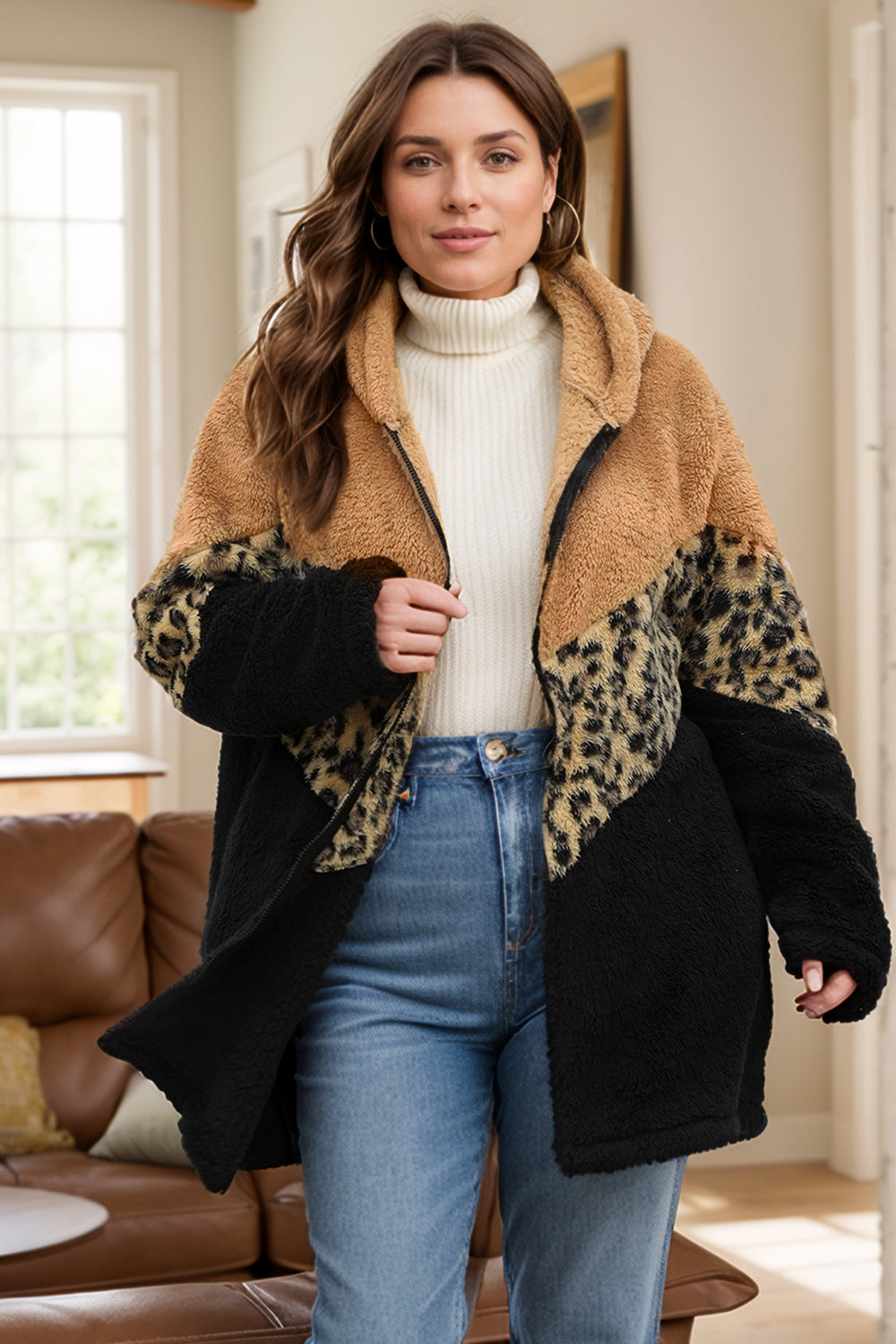 Plus Size Leopard Zip Up Hooded Outerwear - Little Miss Vanilla