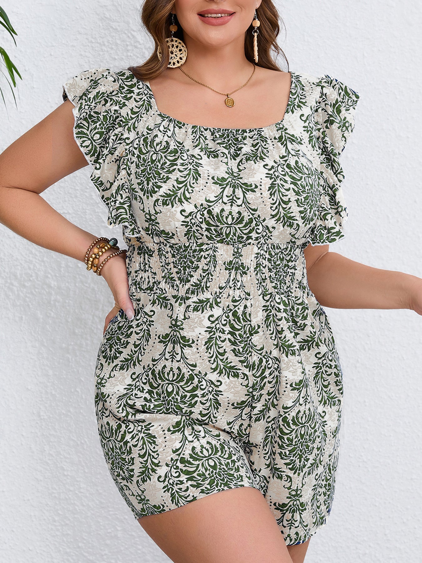 Plus Size Printed Sleeveless Smocking Fitted Waist Backless Vacation Style Jumpsuit - Little Miss Vanilla