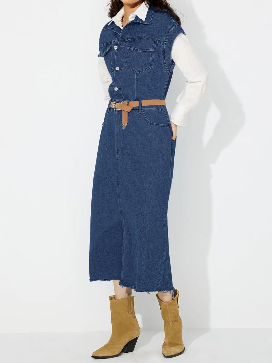 Slit Half Button Collared Neck Cap Sleeve Denim Dress - Little Miss Vanilla