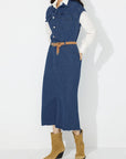 Slit Half Button Collared Neck Cap Sleeve Denim Dress - Little Miss Vanilla