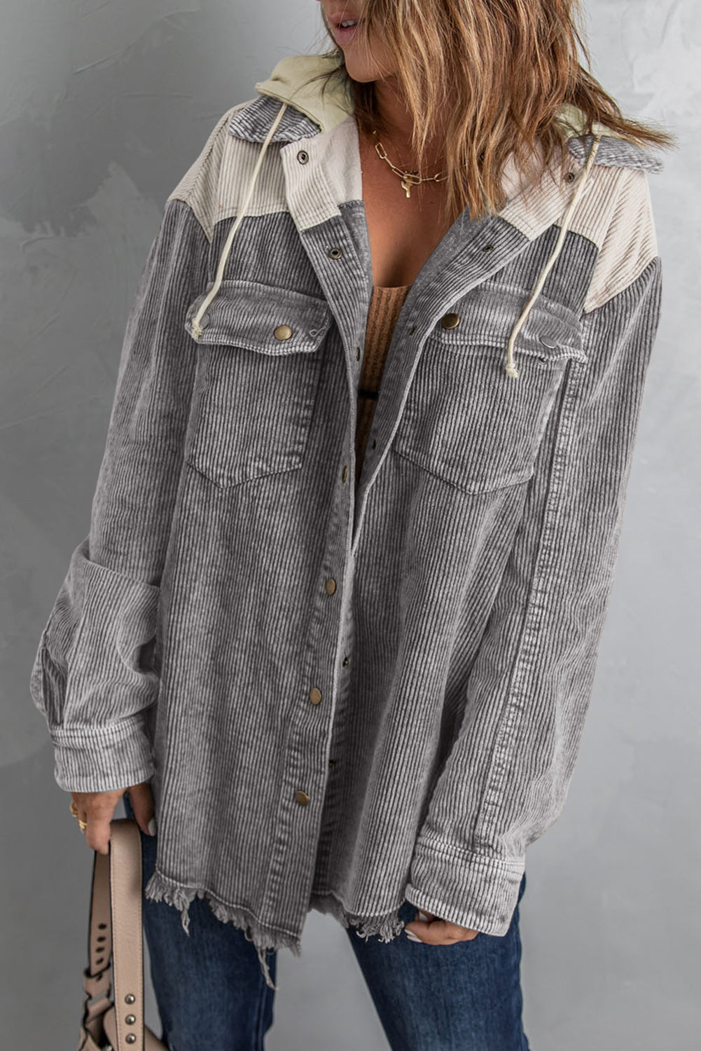 Gray Color Block Button Down Hooded Corduroy Jacket - Little Miss Vanilla