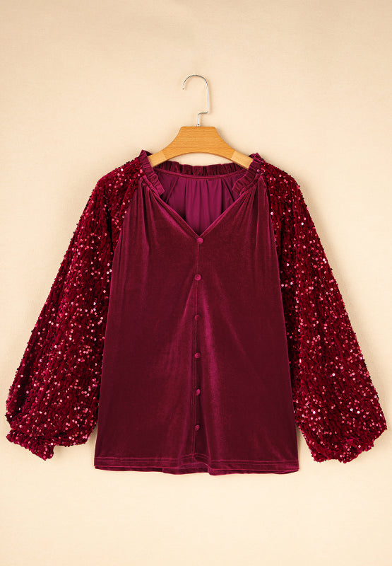 Sequin Notched Long Sleeve Blouse - Little Miss Vanilla