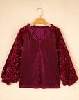 Sequin Notched Long Sleeve Blouse - Little Miss Vanilla