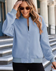 Myosotis Solid Textured Stand Neck Zipper Bomber Jacket - Little Miss Vanilla