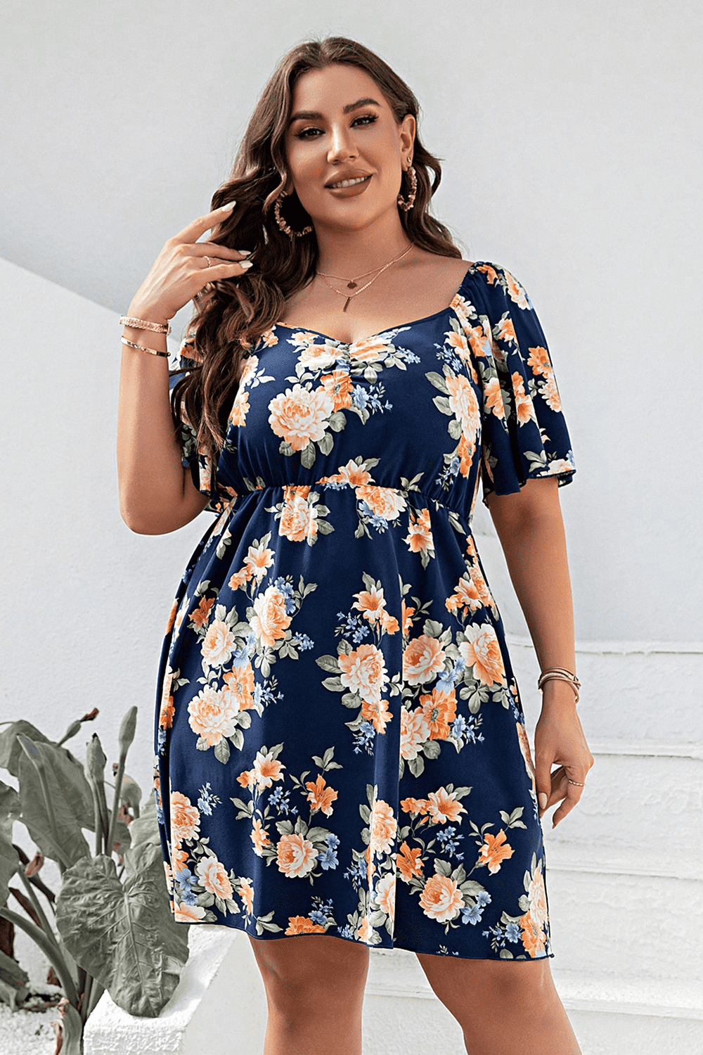 Plus Size Floral Print V-Neck Flutter Sleeve Mini Dress - Little Miss Vanilla