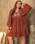 Plus Size Embroidered Tie Neck Balloon Sleeve Mini Dress - Little Miss Vanilla