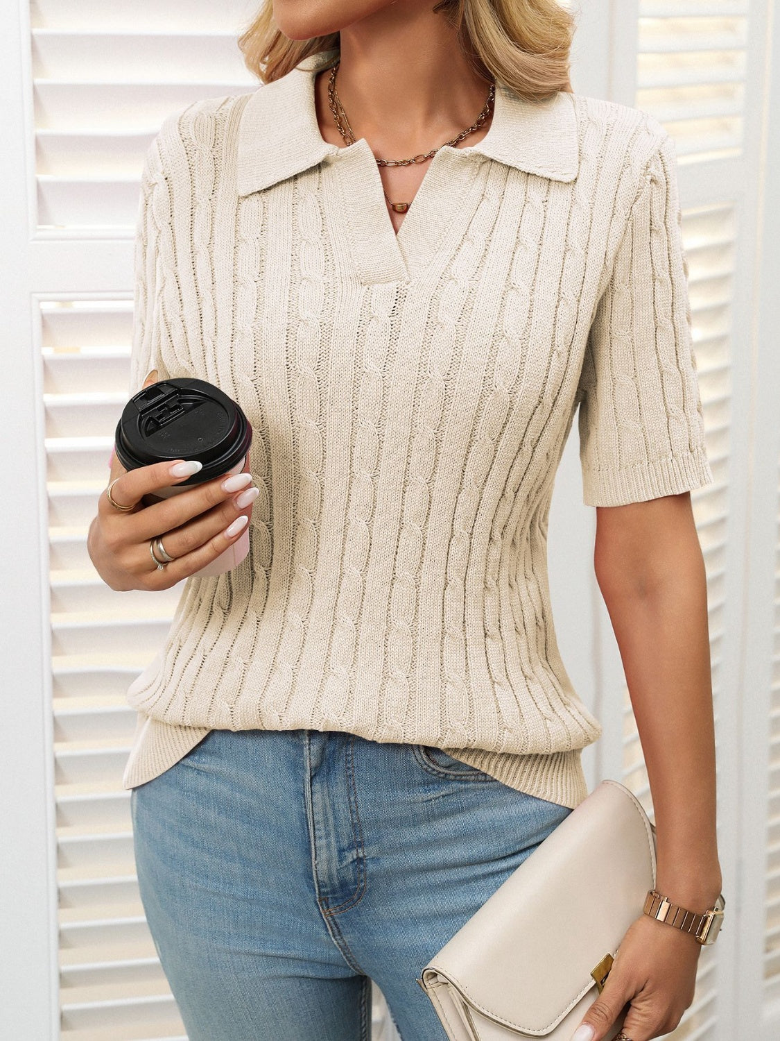 Mandy Cable Knit Johnny Collar Half Sleeve Sweater - Little Miss Vanilla