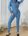 Fringe Half Button Long Sleeve Denim Jumpsuit - Little Miss Vanilla