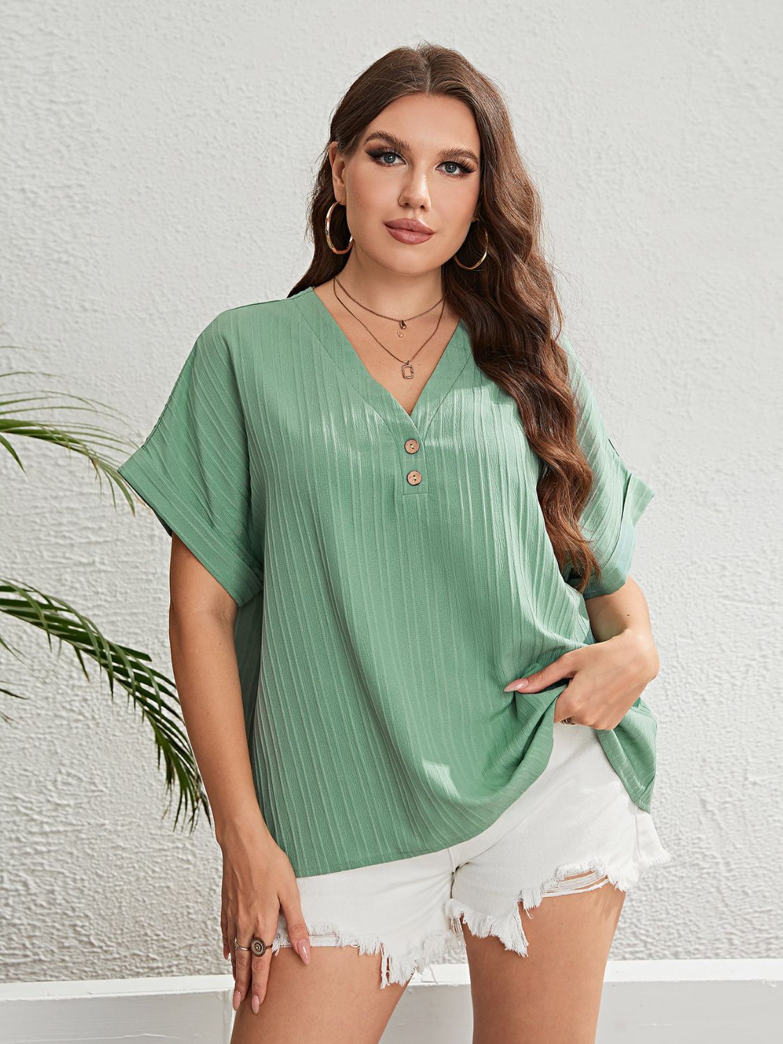 Honey Plus Size Buttoned V-Neck Short Sleeve Top - Little Miss Vanilla