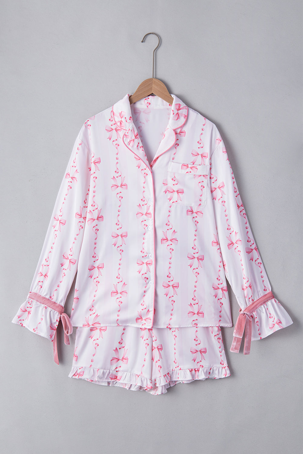 Pink Satin Bow Bell Sleeve Shirt and Ruffled Shorts Pajama Set - Little Miss Vanilla