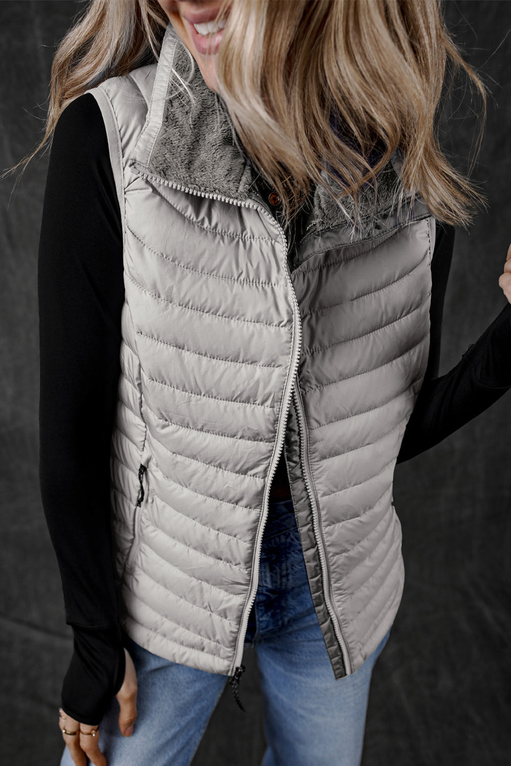 Silvery Plush Collared Quilted Zipped Puffer Vest - Little Miss Vanilla