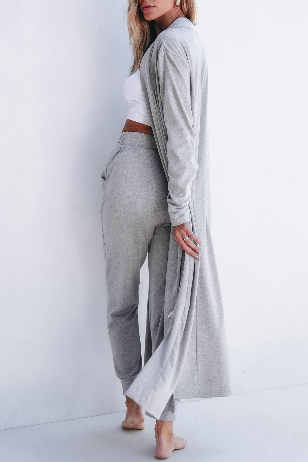 Light Grey Split Long Cardigan and Skinny Pants Lounge Set - Little Miss Vanilla