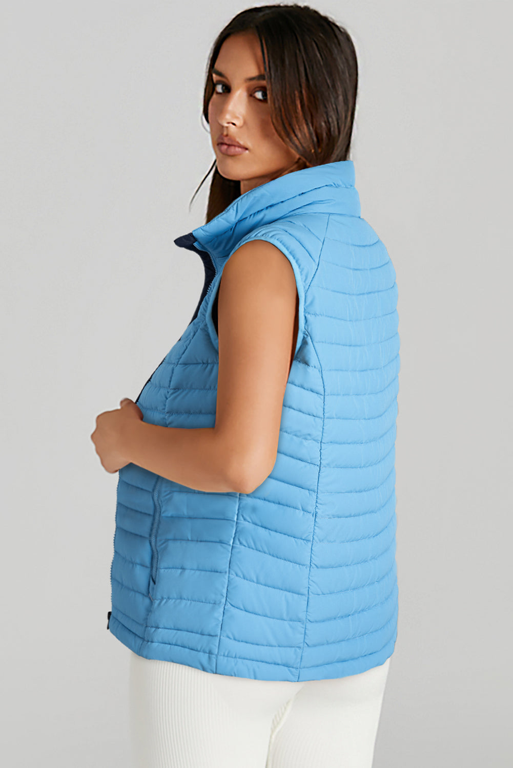 Sky Blue Plush Collared Quilted Zipped Puffer Vest - Little Miss Vanilla