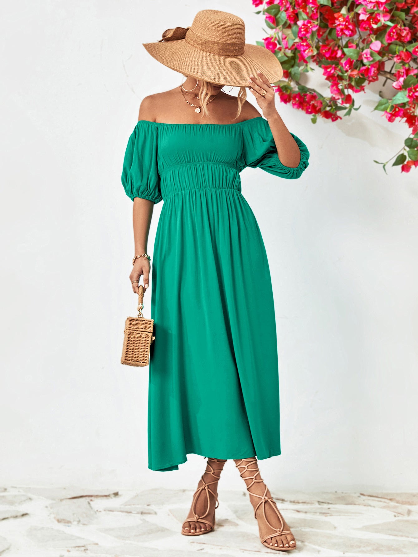 Off-Shoulder Balloon Sleeve Midi Dress - Little Miss Vanilla