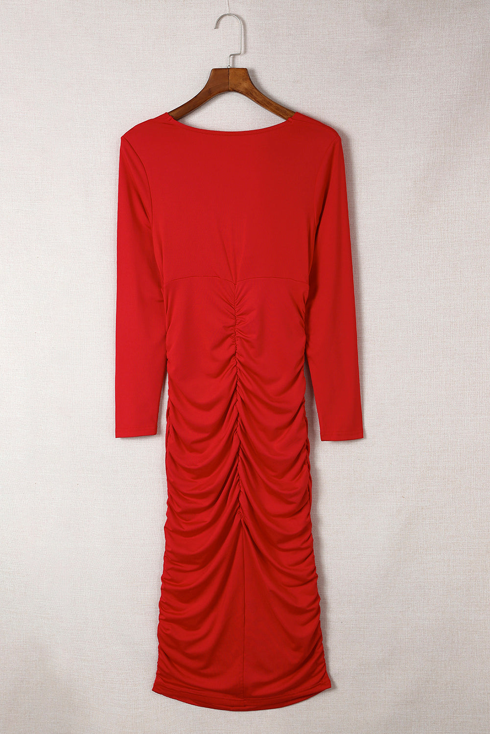 Fiery Red Long Sleeves Wrap V Neck Ruched Sheath Bodycon Dress - Little Miss Vanilla