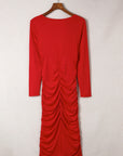 Fiery Red Long Sleeves Wrap V Neck Ruched Sheath Bodycon Dress - Little Miss Vanilla