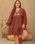 Plus Size Embroidered Tie Neck Balloon Sleeve Mini Dress - Little Miss Vanilla