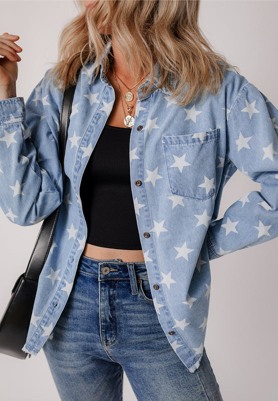 Raw Hem Star Collared Neck Denim Top - Little Miss Vanilla