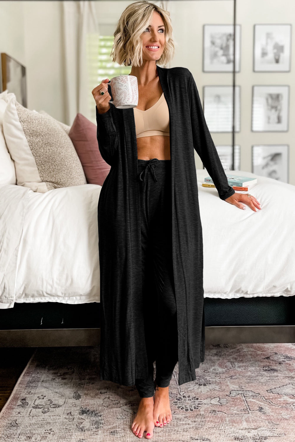 Black Split Long Cardigan and Skinny Pants Lounge Set - Little Miss Vanilla