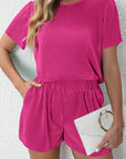 Bright Pink Casual Pleated Short Two-piece Set