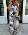 Black Checkered Print Pocketed Wide Leg Jumpsuit