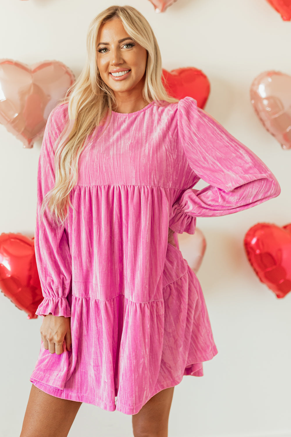 Strawberry Pink Flounce Sleeve Tiered Ruffled Velvet Mini Dress - Little Miss Vanilla