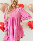 Strawberry Pink Flounce Sleeve Tiered Ruffled Velvet Mini Dress - Little Miss Vanilla